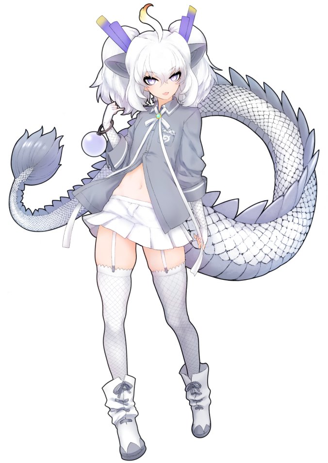 1girl animal_ears boots bow bowtie dragon_girl dragon_horns dragon_tail elbow_gloves extra_ears fingerless_gloves full_body garter_straps gloves grey_hair horns ise_(0425) kemono_friends kemono_friends_3 long_hair looking_at_viewer navel shirt simple_background skirt solo tail thighhighs twintails white_dragon_(kemono_friends) white_hair