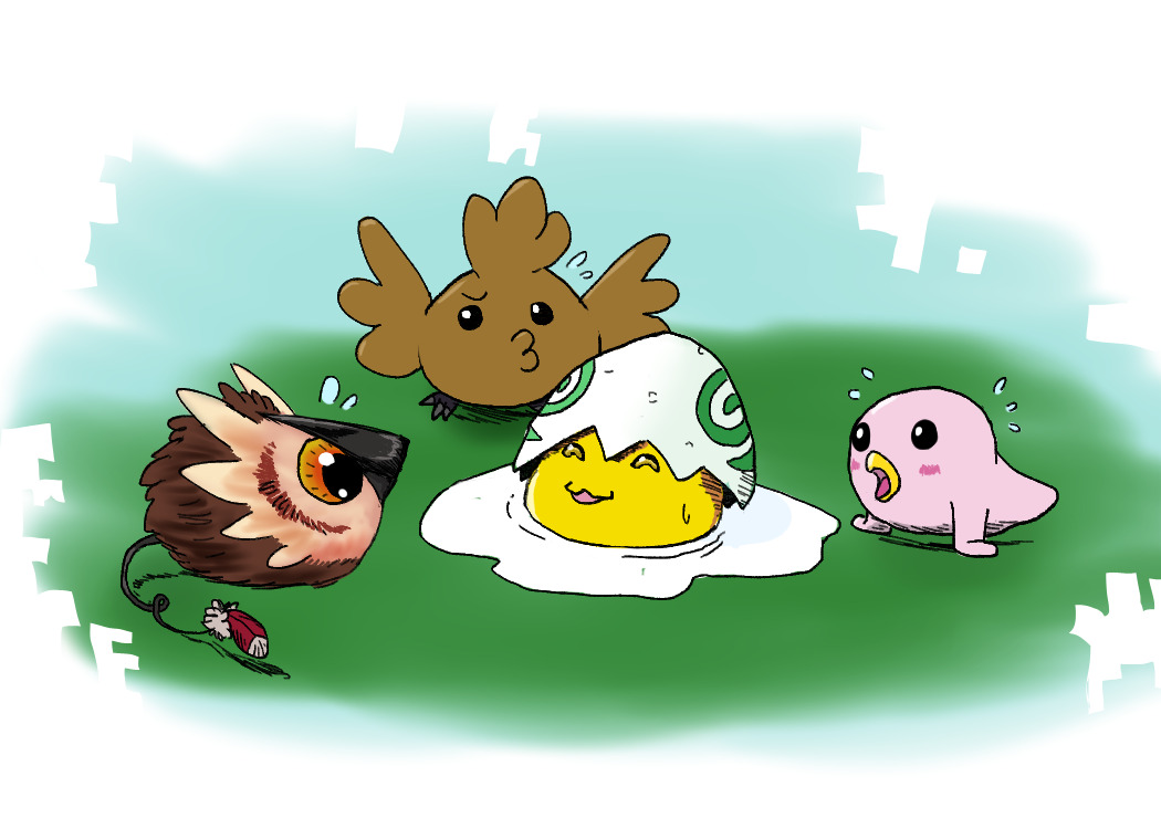beak digimon digimon_(creature) egg feathers looking_at_another pururumon puwamon surprised torikaraballmon yolkmon