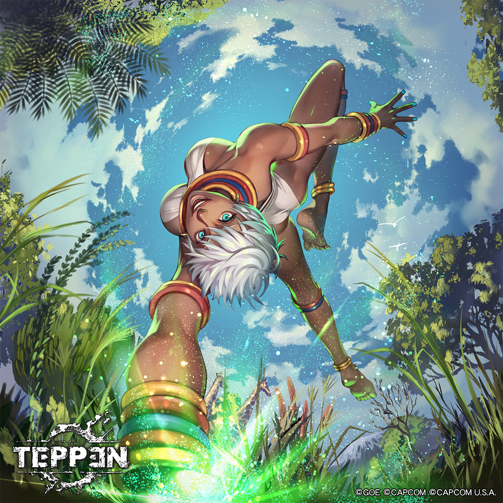1girl anklet ass bird blue_eyes blue_sky bracelet breasts cloud dark-skinned_female dark_skin day elena_(street_fighter) flying giraffe grass handstand jewelry looking_at_viewer looking_down medium_breasts nature neck_ring official_art open_mouth short_hair sky smile street_fighter street_fighter_iii street_fighter_iii:_new_generation street_fighter_iii_(series) swimsuit teeth temoshi teppen tongue tree white_hair wings
