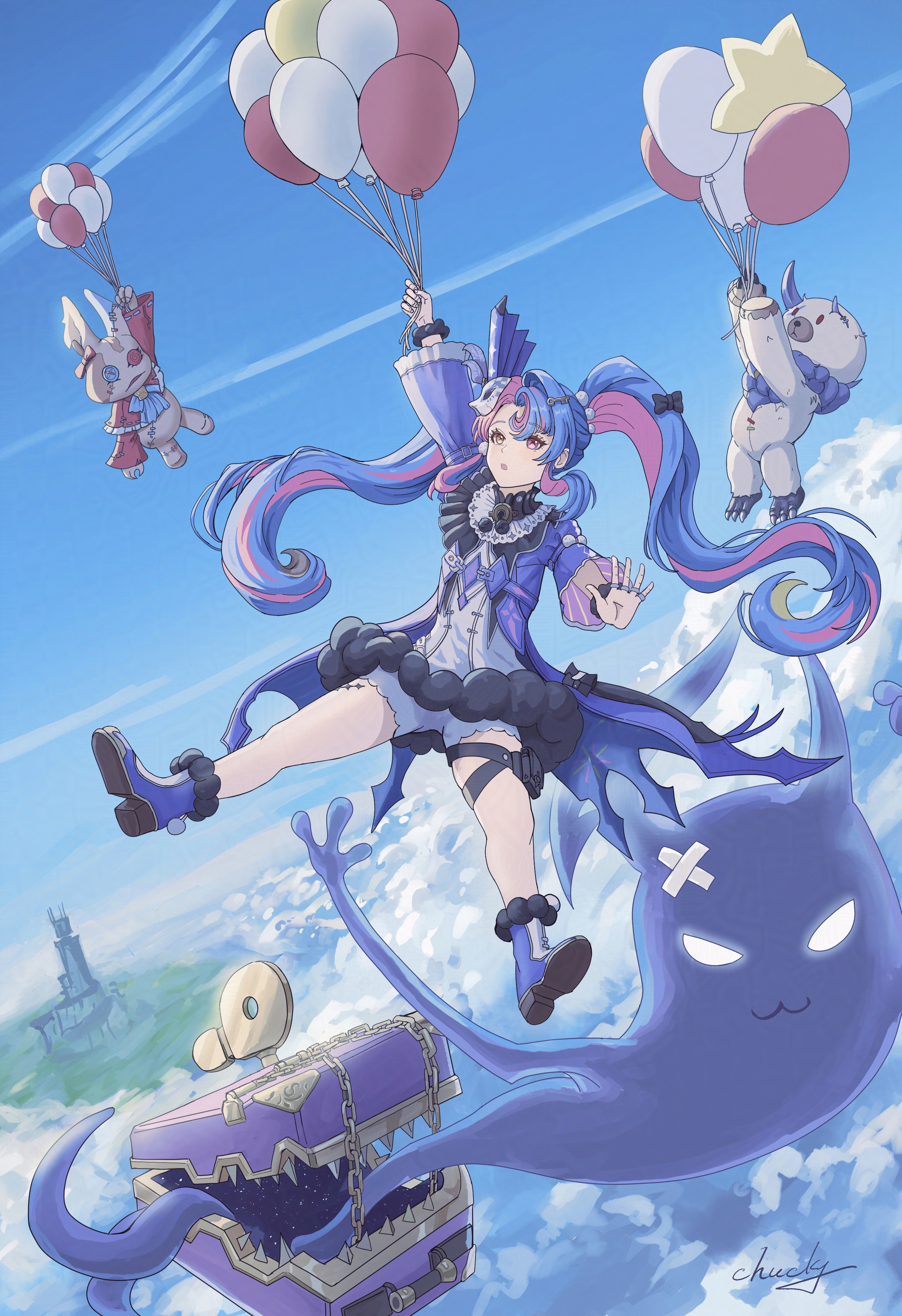 1girl absurdres balloon black_collar blue_hair blue_sky boots chucky_(chucky1000sun) coat collar commentary day dress eye_mask floating floating_hair fur-trimmed_dress fur_trim heterochromia highres holding holding_balloon key_hair_ornament long_hair mask mask_on_head midair multicolored_hair parted_lips pero_(wuthering_waves) pink_eyes pink_hair pouch purple_boots purple_coat roccia_(wuthering_waves) short_dress shorts sky star_balloon suitcase tacet_discord_(wuthering_waves) tacet_mark_(wuthering_waves) thigh_pouch twintails two-tone_hair white_dress white_shorts wuthering_waves yellow_eyes