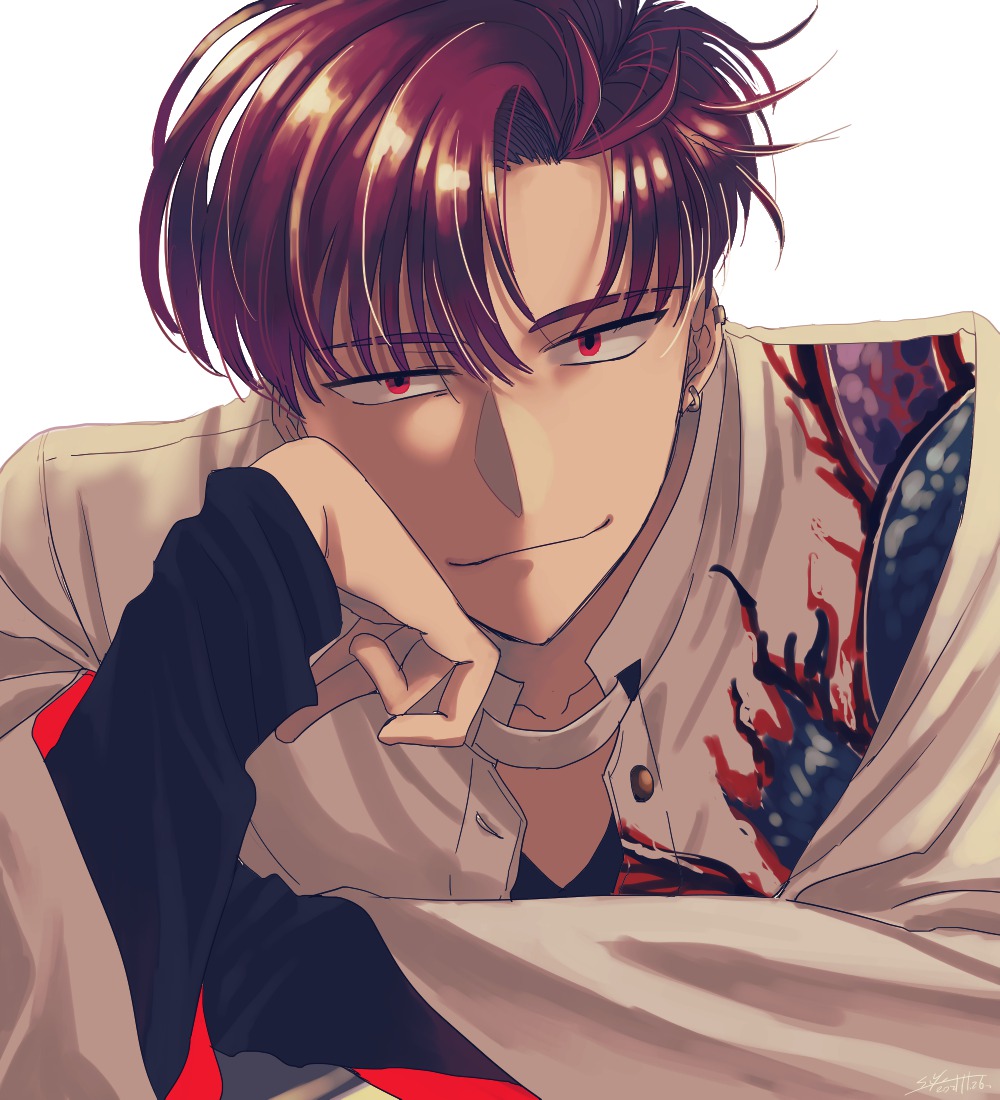 1boy alternate_hair_length alternate_hairstyle commentary_request ear_piercing earrings fate/grand_order fate_(series) head_rest jewelry male_focus piercing red_eyes red_hair smile solo takasugi_shinsaku_(fate) takasugi_shinsaku_(first_ascension)_(fate) upper_body yuuzuki230