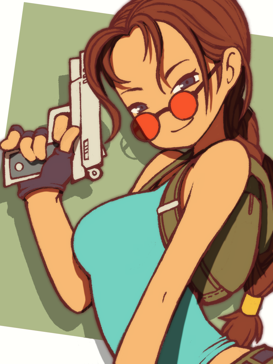 1girl animification backpack bag bare_shoulders beeru_(veil8801) black_eyes black_gloves blue_shirt braid breasts brown_hair closed_mouth drop_shadow finger_on_trigger fingerless_gloves glasses gloves green_bag gun hand_up handgun highres holding holding_gun holding_weapon lara_croft large_breasts long_hair red-tinted_eyewear round_eyewear shirt single_braid sleeveless sleeveless_shirt smile solo tinted_eyewear tomb_raider weapon