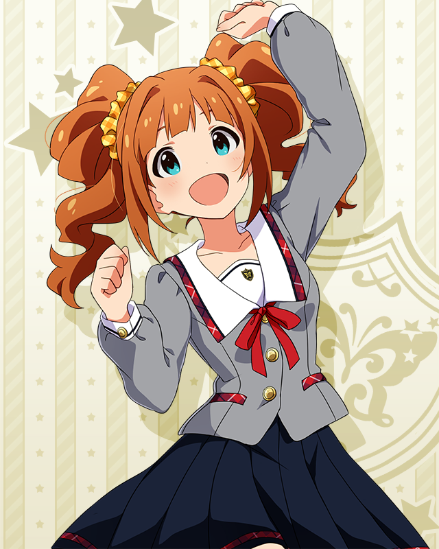 1girl :d aqua_eyes arm_up black_skirt blush breasts buttons clenched_hands collar collarbone cowboy_shot dot_nose grey_serafuku grey_shirt hair_ornament hair_scrunchie idolmaster idolmaster_(classic) idolmaster_million_live! idolmaster_million_live!_theater_days junior_high_schoolmate_(idolmaster) lone_nape_hair long_hair long_sleeves neck_ribbon official_alternate_costume official_art open_mouth orange_hair plaid_clothes plaid_collar plaid_scrunchie pleated_skirt red_ribbon ribbon school_uniform scrunchie serafuku shirt sidelocks skirt small_breasts smile solo star_(symbol) star_symbol_background takatsuki_yayoi twintails wavy_hair white_collar