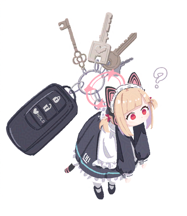 1girl ? animal_ears black_dress black_shoes blonde_hair blue_archive blunt_bangs bow car_keys cat_ears cat_tail commentary_request dress hair_bow halo key maid mary_janes mini_person minigirl momoi_(blue_archive) momoi_(maid)_(blue_archive) official_alternate_costume red_bow red_eyes red_halo shoes short_hair short_twintails simple_background solo tail twintails usaginoakubi802 white_background