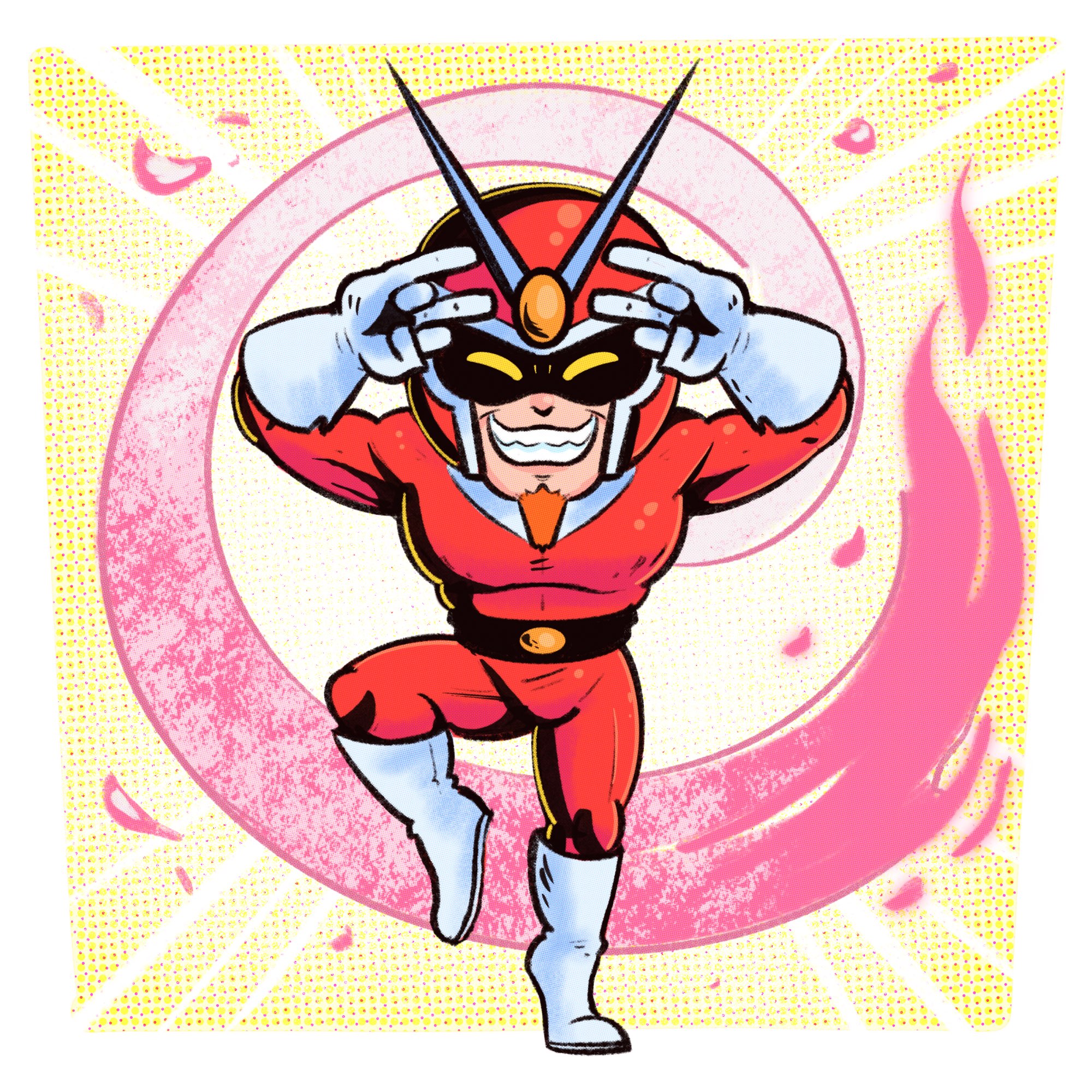 1boy blonde_hair facial_hair gloves goatee grin helmet highres male_focus mask mostlyghostly muscular no_pupils pink_scarf scarf skin_tight smile solo superhero_costume viewtiful_joe viewtiful_joe_(character) white_footwear white_gloves yellow_background yellow_eyes