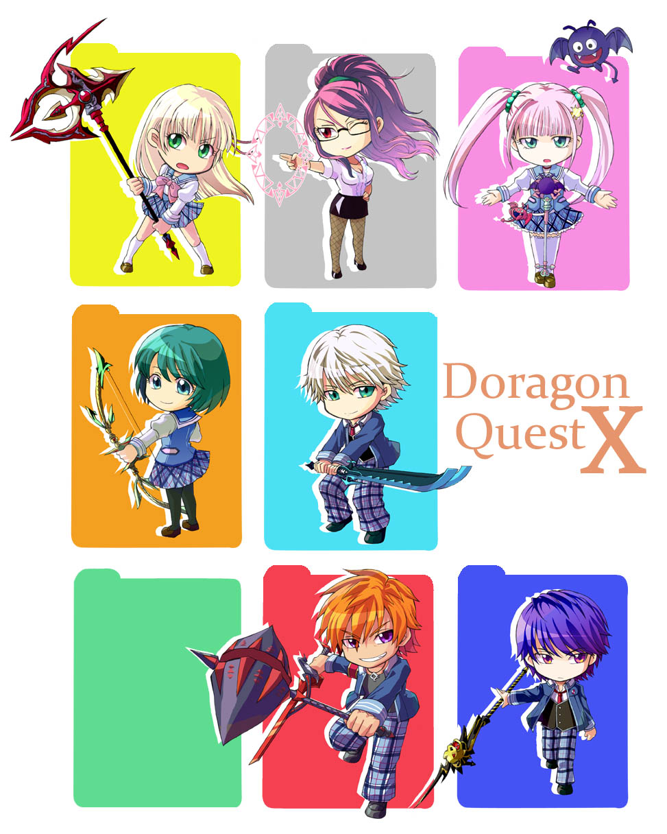 1other 3boys 4girls aizel_(dq10) aqua_eyes aqua_hair axe black-framed_eyewear black_pantyhose black_shirt black_skin black_vest blazer blonde_hair blouse blue_hair blunt_bangs bob_cut bow bow_(weapon) breasts chibi cleavage clenched_hand colored_skin commentary_request copyright_name crowne_(dq10) dracky dragon_quest dragon_quest_x fishnet_pantyhose fishnets floating_hair franju glasses green_eyes grin hammer hand_on_own_hip high_ponytail highres holding holding_axe holding_bow_(weapon) holding_hammer holding_polearm holding_sword holding_weapon jacket jewelry juliet_sleeves lapis_(dq10) loafers long_hair long_sleeves looking_at_viewer looking_to_the_side magic_circle miran_(dq10) multiple_boys multiple_girls necklace necktie one_eye_closed orange_hair pants pantyhose pencil_skirt pink_bow pink_eyes pink_hair plaid_clothes plaid_pants plaid_skirt pointing polearm pon_(user_tkjk5733) ponytail puffy_sleeves purple_eyes red_necktie risoru_(dq10) school_uniform semi-rimless_eyewear shirt shoes short_hair shumeria skirt smile sword tan thighhighs twintails vest wand weapon white_hair white_thighhighs