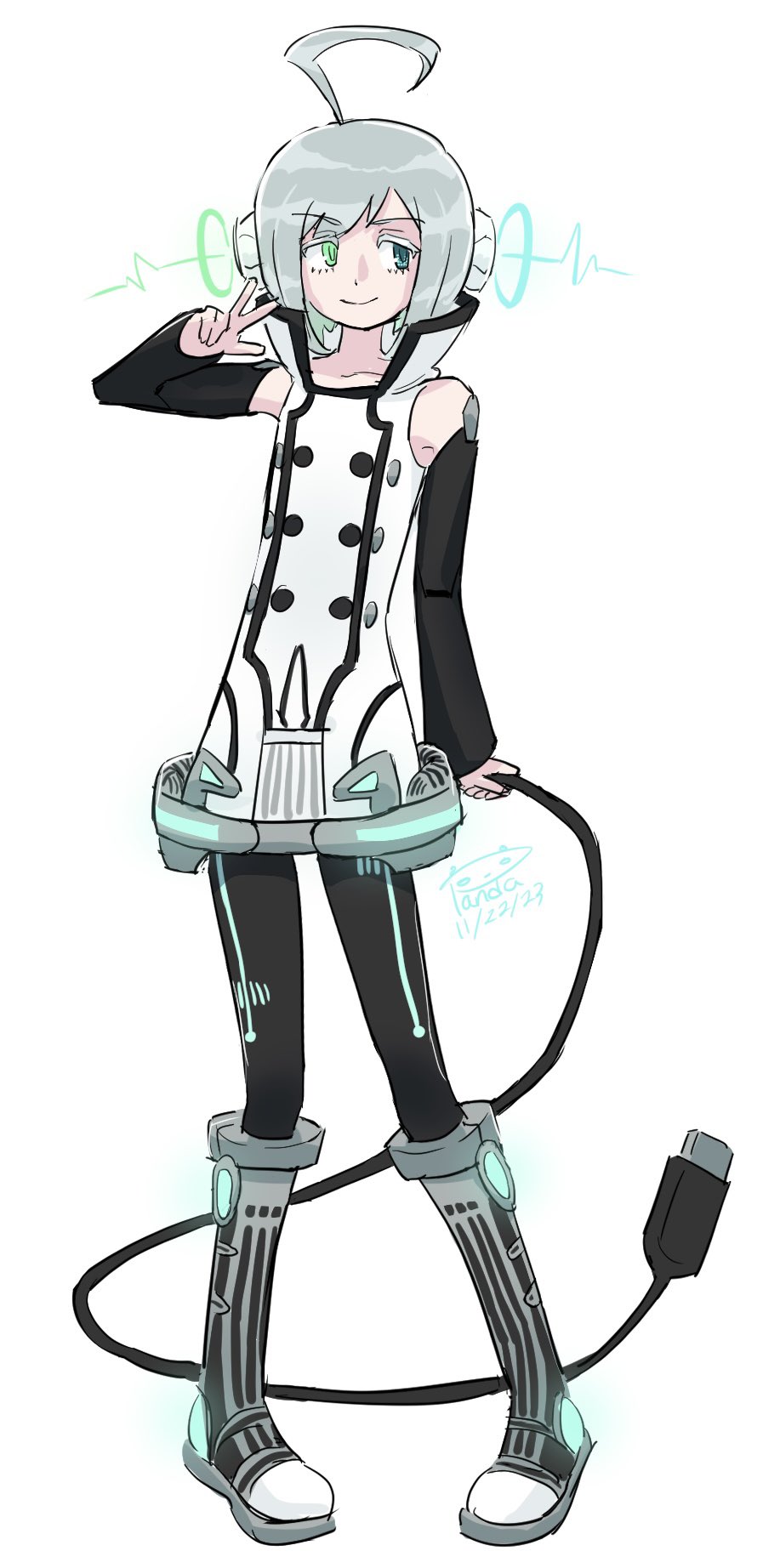 1boy 2023 ahoge androgynous black_sleeves black_thighhighs blue_eyes closed_mouth collarbone commentary dated detached_sleeves english_commentary full_body green_eyes grey_footwear headphones heterochromia highres holding_own_tail huge_ahoge looking_to_the_side male_focus panda_doodles shirt short_hair signature simple_background sleeveless sleeveless_shirt smile solo tail thighhighs usb utatane_piko v vocaloid watermark white_background white_shirt