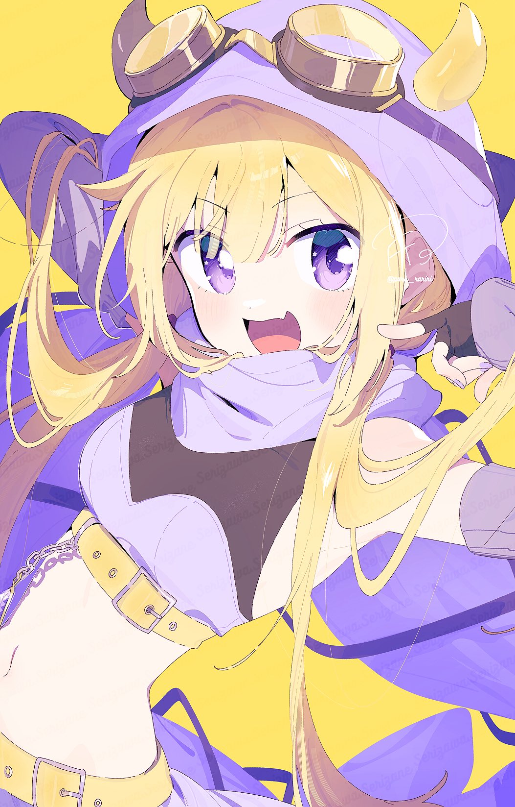 1girl :d belt black_gloves blonde_hair chain cloak crop_top detached_sleeves fang fingerless_gloves gloves goggles goggles_on_head hair_flowing_over highres hood hooded_cloak horns long_hair looking_at_viewer low_twintails magia_record:_mahou_shoujo_madoka_magica_gaiden magical_girl mahou_shoujo_madoka_magica mitsuki_felicia navel open_mouth purple_cloak purple_eyes serizawa_serizane simple_background skin_fang sleeveless small_horns smile solo stomach twintails underbust yellow_background yellow_belt