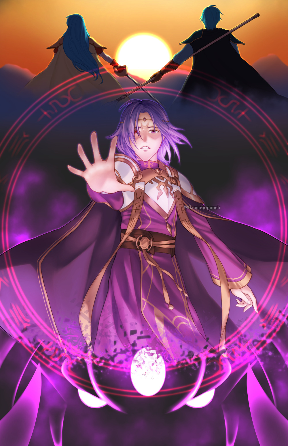 1girl 2boys blue_cape blue_hair cape demon eirika_(fire_emblem) ephraim_(fire_emblem) fire_emblem fire_emblem:_the_sacred_stones flamingo_(eme324) fomortiis_(fire_emblem) from_behind highres lyon_(fire_emblem) magic_circle multiple_boys nintendo polearm purple_cape purple_hair purple_robe red_eyes robe spear sword weapon yellow_cape
