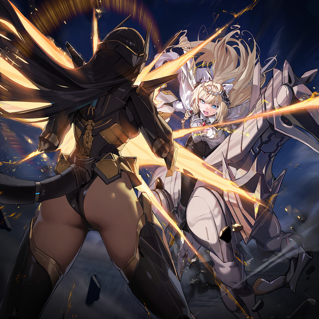 2girls armored_bodysuit ass bare_hips battle black_hair blonde_hair blue_eyes crown_(nikke) fighting game_cg goddess_of_victory:_nikke horse indivilia_(nikke) multiple_girls official_art shirt sitting_on_animal standing tail white_shirt