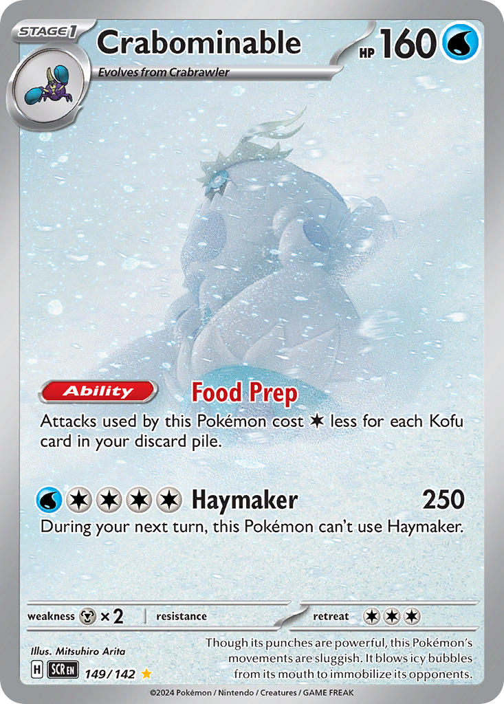 animal_focus arita_mitsuhiro artist_name card_(medium) character_name closed_eyes company_name copyright_name copyright_notice crabominable crabrawler english_text from_side gen_7_pokemon nintendo no_humans official_art open_mouth pokemon pokemon_(creature) pokemon_card pokemon_focus pokemon_tcg snow snowing snowstorm solo teeth third-party_source trading_card