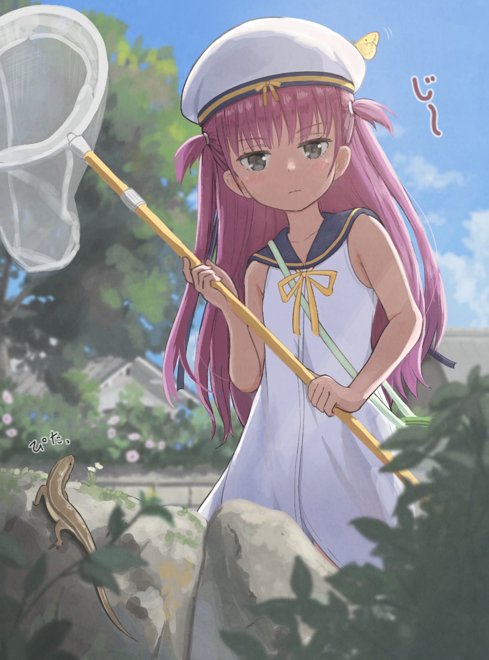 &gt;:( 1girl ame_wa armpit_crease backlighting bare_arms bare_shoulders blue_sailor_collar blue_sky blurry blush_stickers bug bush butterfly butterfly_on_head child closed_mouth collarbone commentary cowboy_shot day depth_of_field dress glaring grey_eyes hair_between_eyes hat highres insect katou_umi lizard long_dress long_hair looking_at_animal motion_lines neck_ribbon outdoors pink_hair ribbon sailor_collar sailor_dress serious sky sleeveless sleeveless_dress solo sound_effects straight_hair summer summer_pockets tree two_side_up v-shaped_eyebrows very_long_hair white_dress witch_hat yellow_butterfly yellow_ribbon