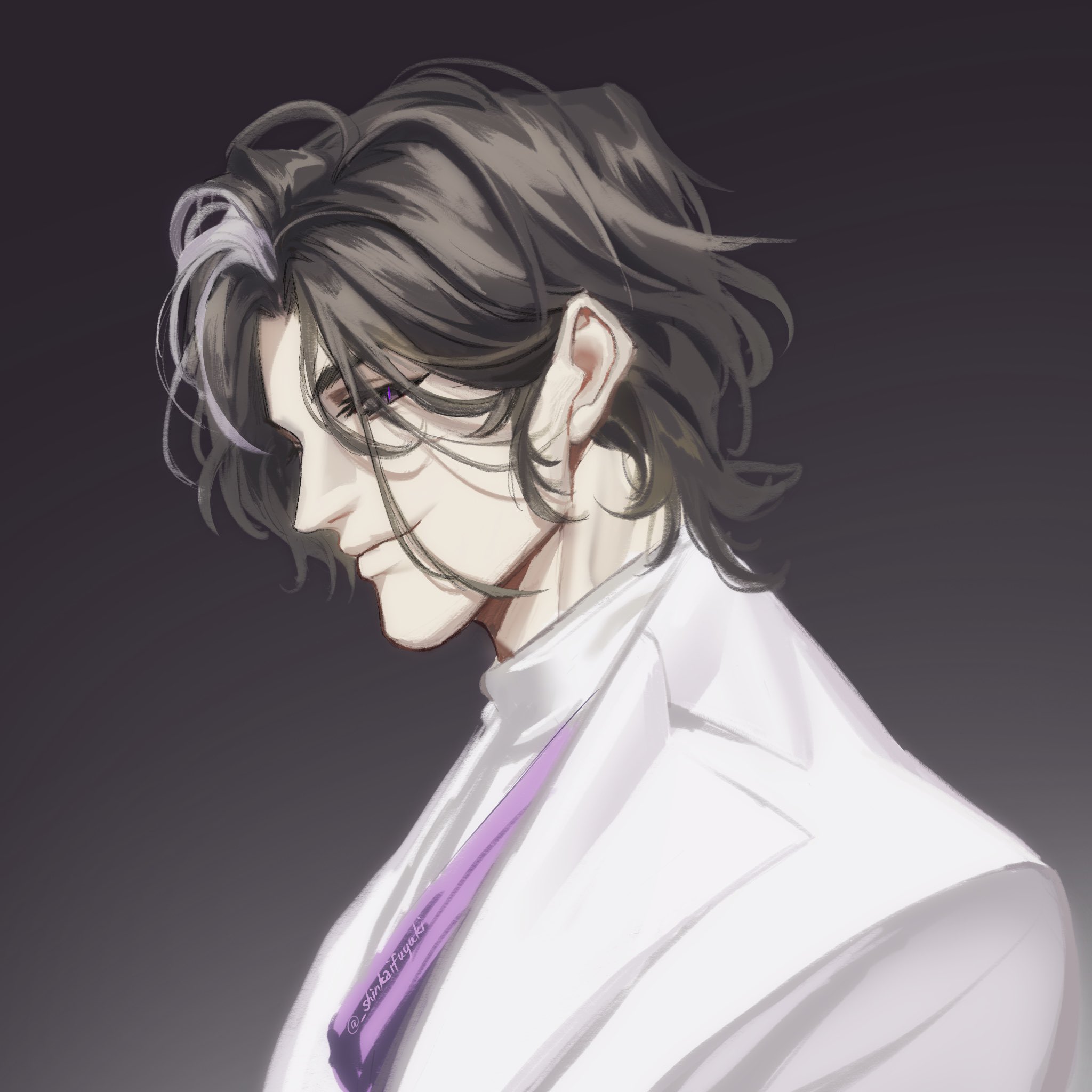 1boy black_hair character_request commentary formal_clothes grey_hair highres jacket light_and_night_love male_focus multicolored_hair portrait profile purple_sash sash shinkaifuyuki signature smile solo streaked_hair suit turtleneck two-tone_hair white_jacket white_suit
