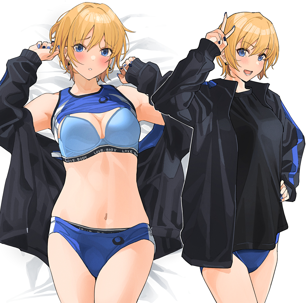 1girl black_jacket black_shirt blonde_hair blue_bra blue_buruma blue_eyes blue_sports_bra blush bra bra_lift breasts buruma closed_mouth commentary_request earrings from_below gal_girlfriend_(tipii) hair_between_eyes hand_on_own_hip hoop_earrings jacket jewelry looking_at_viewer lower_teeth_only medium_breasts nail_polish navel open_clothes open_jacket open_mouth original shirt short_hair sports_bra t-shirt teeth tipii underwear v