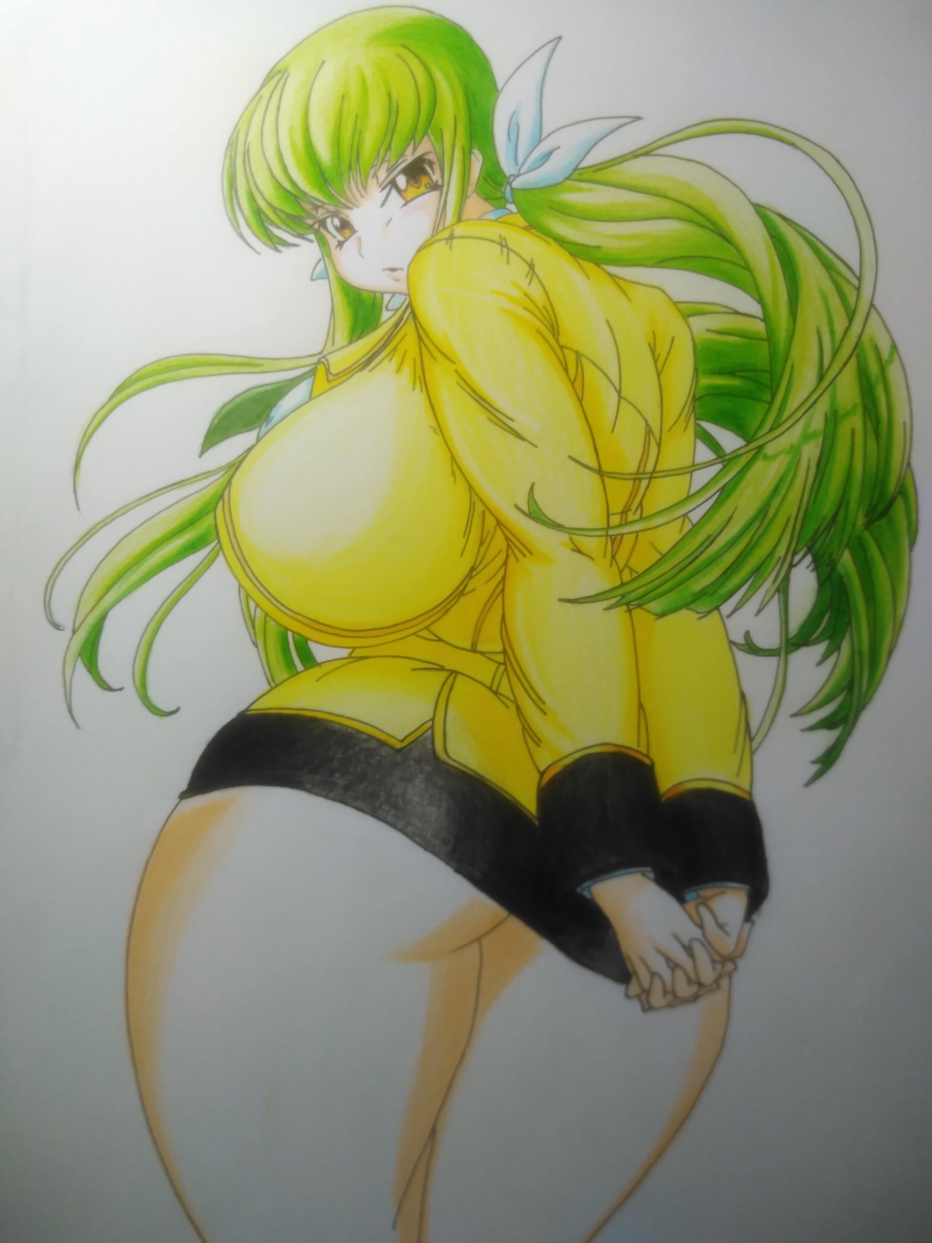 1girl absurdres alternate_body_size arms_behind_back ashford_academy_school_uniform ass ass_expansion breasts c.c. c.c._(cc_c2) code_geass curvy forsakencause green_hair highres huge_breasts long_hair looking_at_viewer looking_back puffy_cheeks school_uniform solo thick_thighs thighs tight_clothes undersized_clothes weight_gain yellow_eyes