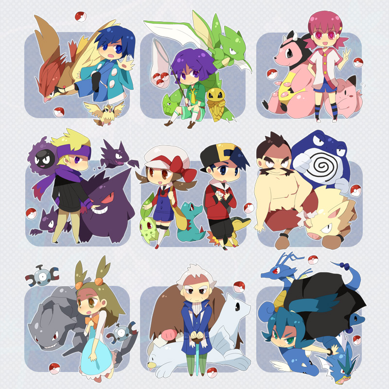 00s 4girls 6+boys bugsy_(pokemon) cane chikorita chuck_(pokemon) clair_(pokemon) clefairy cyndaquil dewgong dragonair ethan_(pokemon) everyone falkner_(pokemon) gastly gen_1_pokemon gen_2_pokemon gengar gyarados gym_leader gym_leaders hat hat_ribbon haunter holding holding_poke_ball jasmine_(pokemon) juukyuu_mame kakuna kingdra lyra_(pokemon) magnemite metapod miltank morty_(pokemon) multiple_boys multiple_girls nintendo old old_man pidgeot pidgeotto piloswine poke_ball poke_ball_(basic) pokemon pokemon_(creature) pokemon_hgss poliwrath primeape pryce_(pokemon) red_ribbon ribbon scyther seel starter_pokemon_trio steelix totodile two_side_up udder whitney_(pokemon)