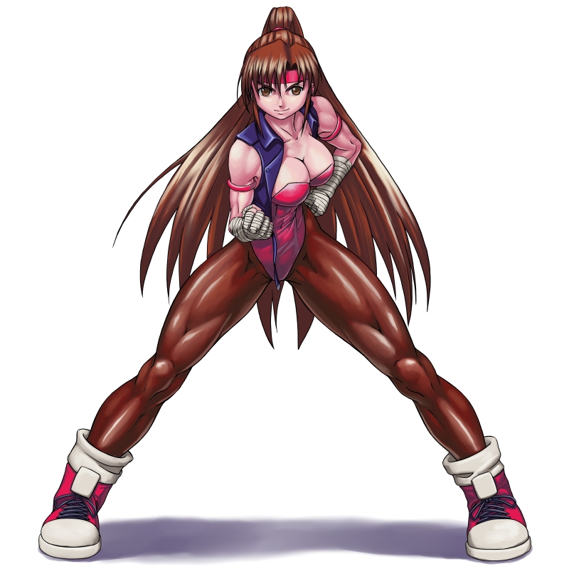 1girl breakers breasts brown_eyes brown_hair cleavage female_focus full_body headband leotard long_hair looking_at_viewer pantyhose ponytail shinonome_(game_hakkutsu_tai) shoes simple_background sneakers socks tia_langray wrist_wrap