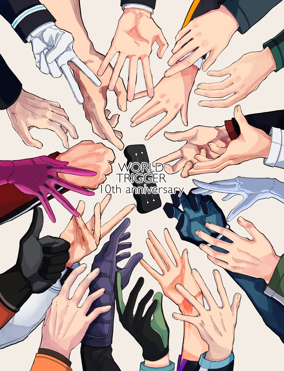 3girls 6+boys anniversary arafune_tetsuji arashiyama_jun azuma_haruaki black_gloves blue_gloves character_request check_character copyright_name english_text gloves green_gloves grey_background hand_focus highres ikoma_tatsuhito kageura_masato kakizaki_kuniharu kako_nozomi katagiri_takaaki katori_youko kazama_souya kizaki_reiji kusakabe_saki long_sleeves miwa_shuuji multiple_boys multiple_girls nasu_rei ninomiya_masataka ouji_kazuaki out_of_frame pink_gloves purple_gloves reaching simple_background suwa_koutarou tachikawa_kei thumbs_up two-tone_gloves uniform urushima_wataru v weapon white_gloves world_trigger yamakawa_(h4sc4zukgqyw5ad) yuba_takuma
