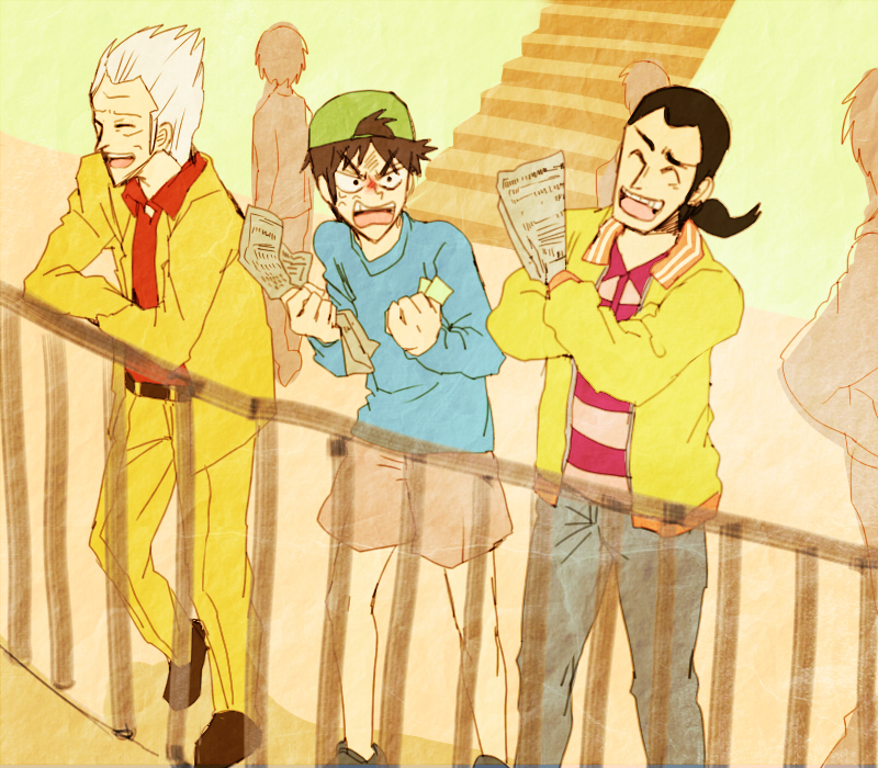 3boys 3others anger_vein angry backwards_hat baseball_cap black_footwear black_hair blue_shirt brown_hair brown_shorts clenched_hands collared_shirt commentary_request fukumoto_mahjong fukumoto_nobuyuki_(style) full_body gin_to_kin green_headwear grey_hair grey_pants hair_slicked_back hat hirai_ginji holding holding_newspaper igawa_hiroyuki jacket laughing long_sleeves low_ponytail male_focus medium_hair morita_tetsuo multiple_boys multiple_others newspaper official_style open_mouth pants parody people pointy_nose ponytail railing red_shirt shirt shoes short_hair shorts smile stairs standing style_parody t_k_g teeth ten_(manga) yellow_jacket yellow_pants