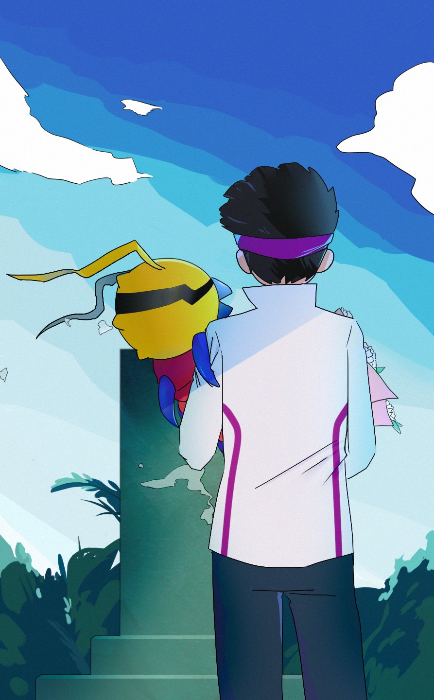 beak bouquet bug digimon digimon_(creature) flower highres kunemon tominaga_ryo