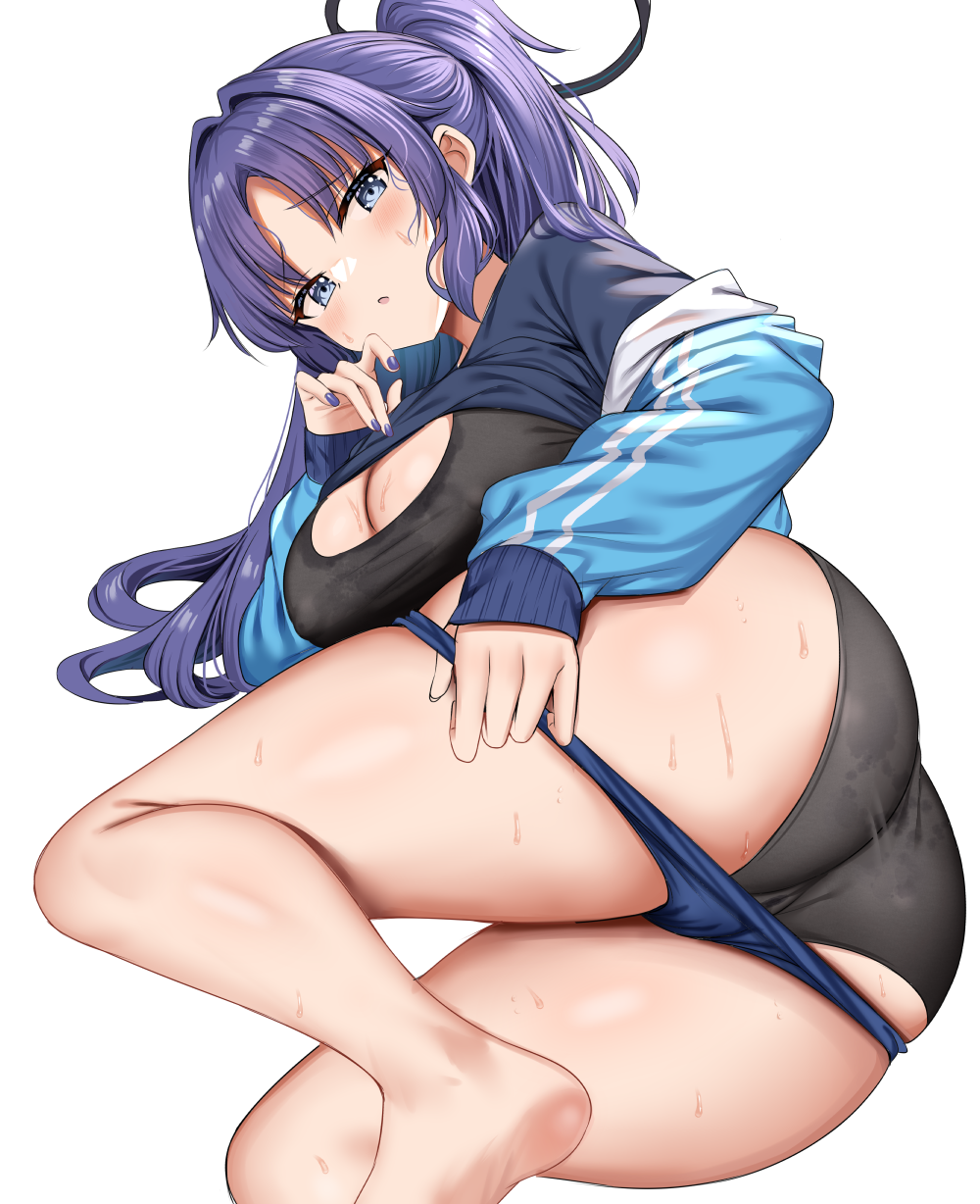 1girl ass black_bra black_halo black_panties black_shirt blue_archive blue_buruma blue_eyes blue_jacket blush bra breasts buruma buruma_pull cleavage clothes_lift clothes_pull commentary_request double_vertical_stripe gym_uniform halo highres jacket kanikou long_hair looking_at_viewer lying mechanical_halo medium_breasts on_side open_mouth panties panties_under_buruma parted_bangs ponytail purple_hair shirt shirt_lift sidelocks simple_background solo sweat thighs underwear white_background yuuka_(blue_archive) yuuka_(track)_(blue_archive)
