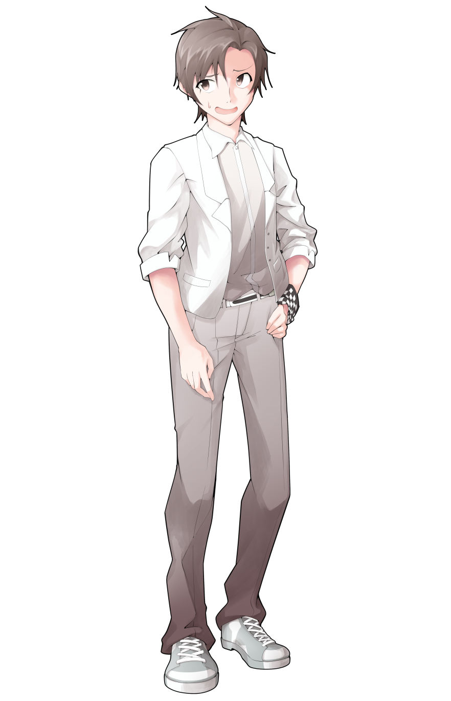 1boy arm_at_side blazer brown_eyes brown_hair cevio checkered_bracelet collared_shirt commentary_request converse dairi full_body grey_pants grey_shoes hand_on_own_hip highres jacket large_variant_set looking_to_the_side male_focus open_mouth pants shirt shoes short_hair sleeves_rolled_up smile sneakers solo standing sweatdrop tachi-e takahashi_amato transparent_background variant_set white_jacket white_shirt wing_collar