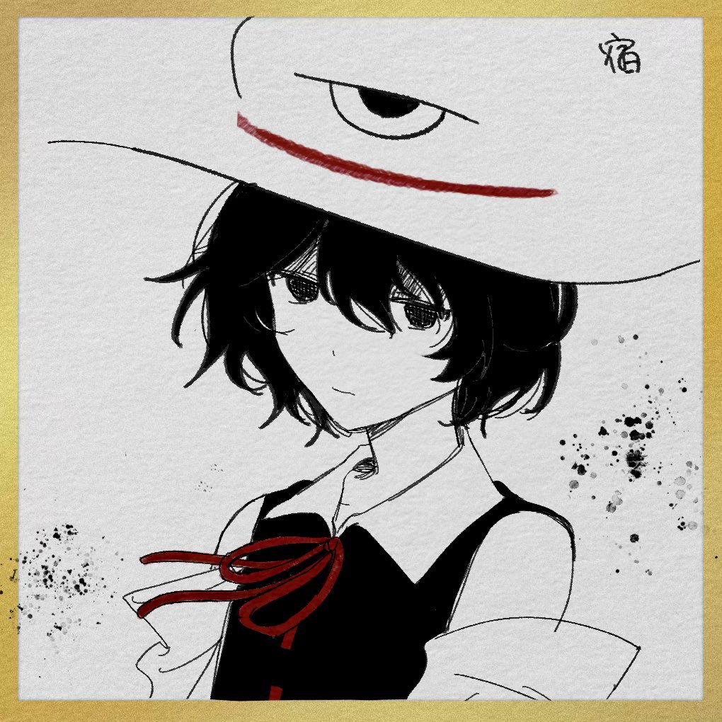 1other 21scorpii androgynous artist_name black_coat black_eyes black_hair bow bowtie closed_mouth coat collar collarbone collared_shirt detached_sleeves enraku_tsubakura expressionless eye_of_senri hat ink_splatter len&#039;en looking_at_viewer monochrome other_focus red_bow red_bowtie ribbon-trimmed_coat ribbon_trim shirt short_hair signature sleeveless sleeveless_coat sleeveless_shirt solo spot_color top_hat traditional_media white_collar white_sleeves wide_sleeves