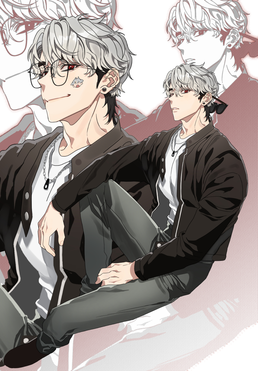 1boy adam&#039;s_apple arm_on_knee bespectacled black-framed_eyewear black_hair black_jacket black_pants closed_mouth commentary_request crew_neck earrings eunho_(plave) glasses highres jacket jewelry knee_up korean_commentary long_sleeves male_focus multicolored_hair multiple_views ng_do168 open_clothes open_jacket pants parted_lips piercing plave red_eyes shirt shoes sideburns sitting smile sticker sticker_on_face stud_earrings sunglasses teeth two-tone_hair unworn_eyewear white_hair white_shirt
