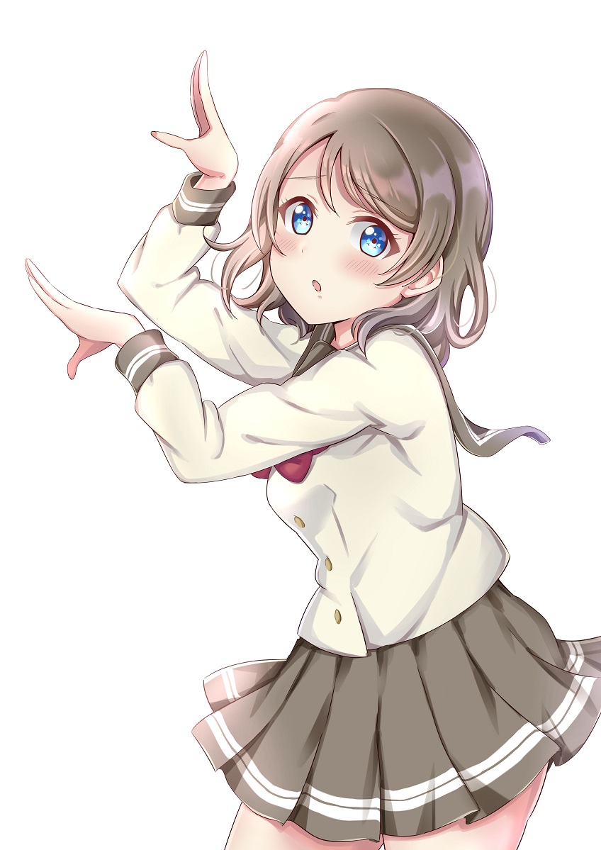 1girl blue_eyes blush chikattochikachika_(kaguya-sama_wa_kokurasetai) commentary_request embarrassed grey_hair kaguya-sama_wa_kokurasetai_~tensai-tachi_no_renai_zunousen~ long_sleeves looking_at_viewer love_live! love_live!_sunshine!! miniskirt reminiscence202 revision school_uniform short_hair sidelocks skirt solo uranohoshi_school_uniform watanabe_you
