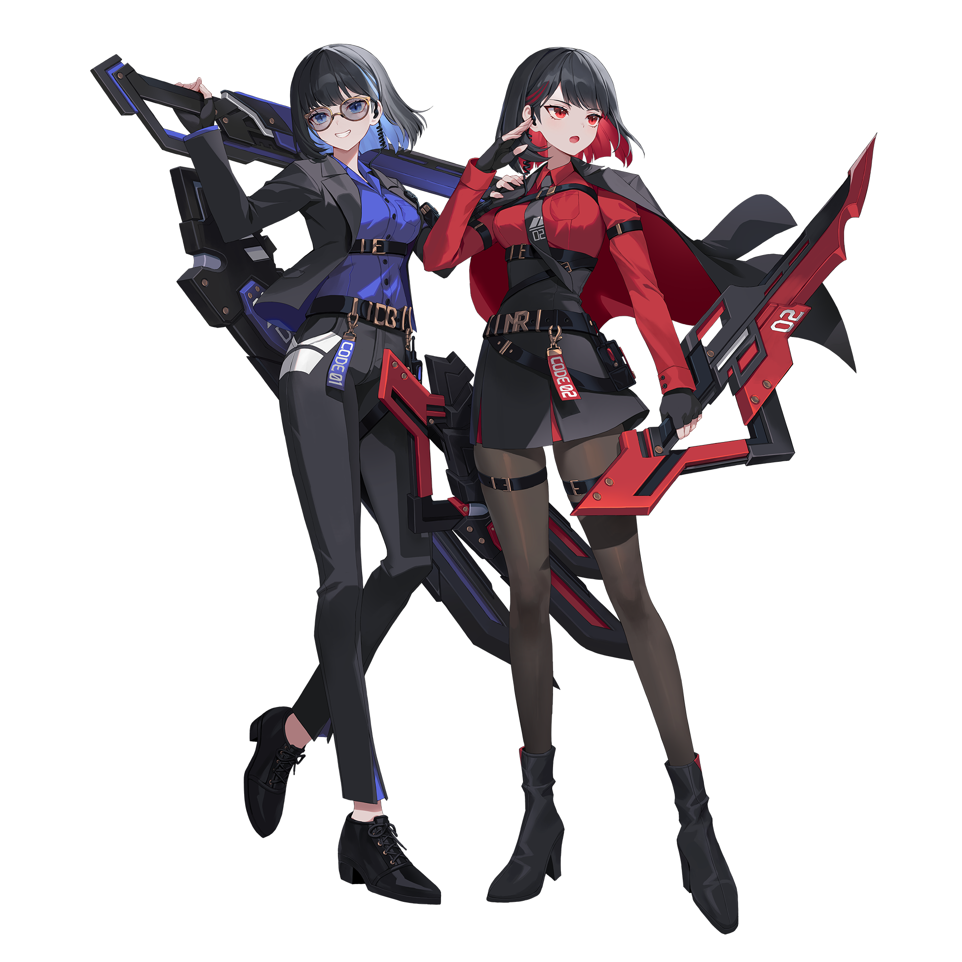2girls belt black_footwear black_hair black_jacket black_pantyhose black_survival blue_eyes blue_hair blue_shirt breasts collared_shirt colored_inner_hair debi_(black_survival) earpiece eternal_return:_black_survival fingerless_gloves glasses gloves gold_trim greatsword grin hand_up highres holding holding_sword holding_weapon jacket jacket_on_shoulders marlene medium_breasts multicolored_hair multiple_belts multiple_girls name_tag necktie official_alternate_costume official_art open_clothes open_jacket open_mouth pants pantyhose pouch red_eyes red_hair red_shirt scabbard sheath shirt shoes short_sword siblings simple_background skirt smile sunglasses sword thigh_strap transparent_background twins two-tone_hair weapon white_background
