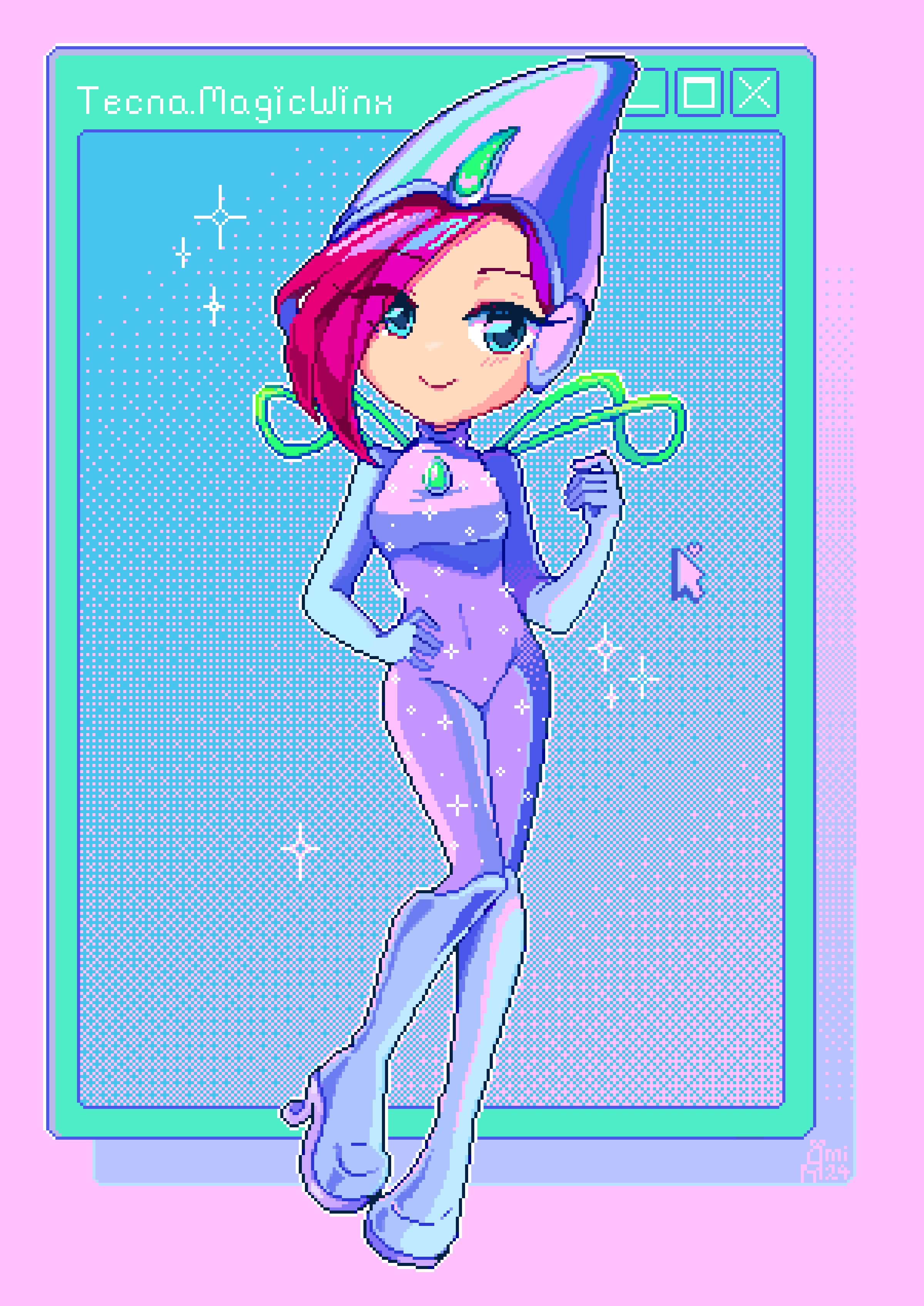1girl absurdres aqua_eyes asymmetrical_bangs blue_boots blue_gloves bodysuit boots breasts character_name chest_jewel clenched_hand closed_mouth commentary covered_navel cursor elbow_gloves english_commentary eyelashes eyes_visible_through_hair fairy full_body gem glitter gloves green_gemstone green_wings hand_on_own_hip happy high_heel_boots high_heels highres hood hood_up hooded_bodysuit knee_boots large_breasts looking_at_viewer magical_girl mimichair outline pink_background pink_hair pixel_art purple_bodysuit short_hair sleeveless sleeveless_bodysuit smile solo sparkle standing tecna_(winx_club) turtleneck turtleneck_bodysuit white_outline window_(computing) wings winx_club