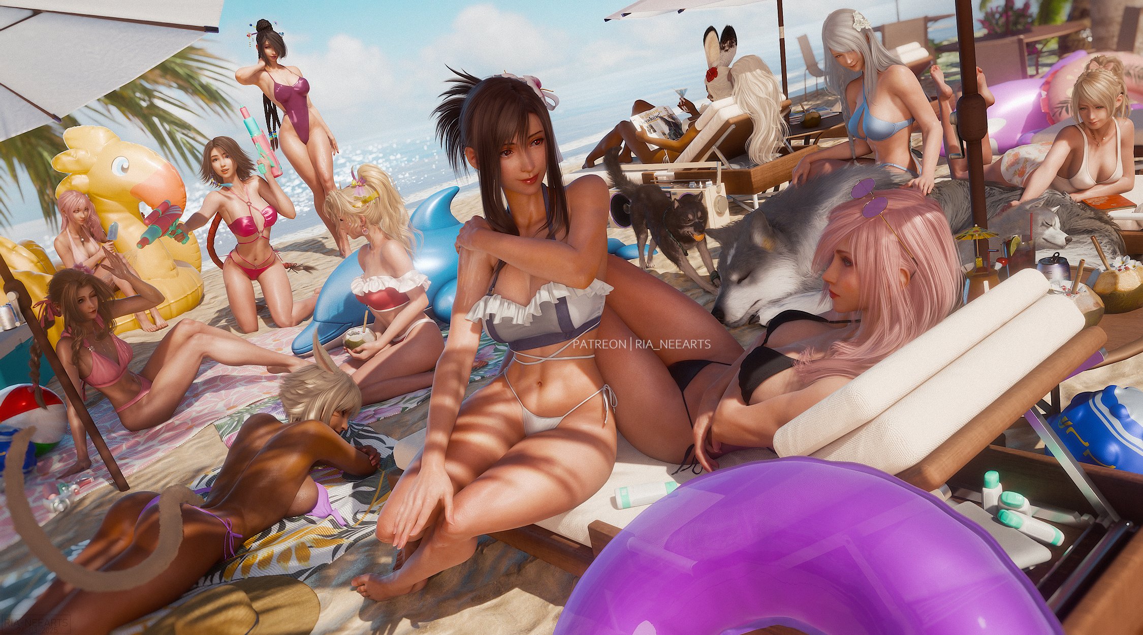 3d 6+girls aerith_gainsborough aerith_gainsborough_(pink_mermaid) animal_ears ass beach beach_chair beach_umbrella bikini black_hair blitzball blonde_hair breasts brown_hair cat_ears cat_tail chocobo cleavage dark-skinned_female dark_skin dog final_fantasy final_fantasy_vi final_fantasy_vii final_fantasy_vii_rebirth final_fantasy_vii_remake final_fantasy_x final_fantasy_x-2 final_fantasy_xii final_fantasy_xiii final_fantasy_xiv final_fantasy_xv final_fantasy_xvi flower fran_(ff12) grey_hair hair_flower hair_ornament highres holding holding_water_gun in-franchise_crossover jill_warrick lightning_farron lulu_(ff10) lunafreya_nox_fleuret miqo'te multiple_girls official_alternate_costume official_alternate_hairstyle pink_hair pryna_(ff15) rabbit_ears ria_(baka-neearts) serah_farron shade sitting smile swimsuit tail tifa_lockhart tifa_lockhart_(shining_spirit) tina_branford torgal_(ff16) umbra_(ff15) umbrella undone_bikini viera water_gun white_hair y'shtola_rhul yuna_(ff10)