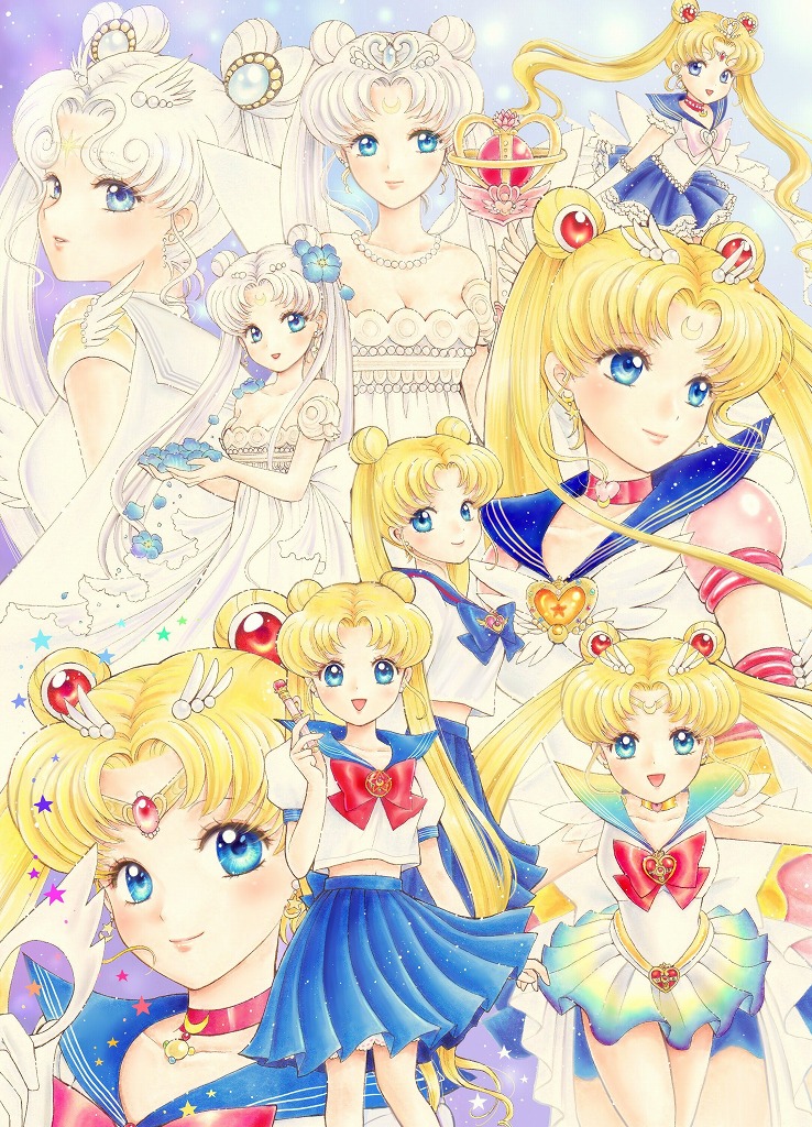 1990s_(style) 1girl 2girls 6+girls :d aged_up bishoujo_senshi_sailor_moon bishoujo_senshi_sailor_moon_(first_season) bishoujo_senshi_sailor_moon_r bishoujo_senshi_sailor_moon_s bishoujo_senshi_sailor_moon_sailor_stars bishoujo_senshi_sailor_moon_stars bishoujo_senshi_sailor_moon_supers blonde_hair blue_eyes blue_sailor_collar blue_skirt bow brooch choker circlet crescent crescent_facial_mark double_bun eternal_sailor_moon eternal_tiare facial_mark flower forehead_mark hair_bun hair_flower hair_ornament hairclip heart heart_brooch heart_hair_bun jewelry jyan_borii light_smile long_hair marker_(medium) mask multicolored_skirt multiple_girls multiple_persona necklace neo_queen_serenity open_mouth pearl_necklace pleated_skirt pretty_guardian_sailor_moon princess_sailor_moon princess_serenity red_bow retro_artstyle sailor_collar sailor_cosmos sailor_moon school_uniform serafuku skirt smile star_(symbol) star_facial_mark super_sailor_moon tiara traditional_media tsukino_usagi twintails very_long_hair white_hair wing_brooch