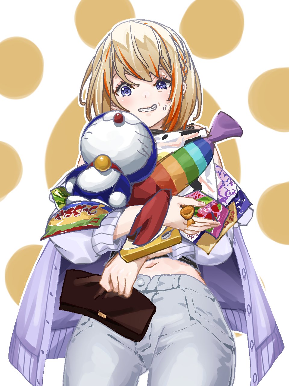 1girl black_shirt blue_eyes blush brown_bag buttons character_doll chips_(food) clutch_purse commentary_request cowboy_shot doraemon doraemon_(character) food grey_pants grey_shirt grin highres holding holding_too_many_things light_brown_hair looking_at_viewer midriff multicolored_hair nanashi_inc. navel official_alternate_costume open_fly orange_hair pants potato_chips shirt shirt_partially_removed short_hair smile solo tomo_tomotosix touri_sei touri_sei_(2nd_costume) two-tone_hair virtual_youtuber white_background
