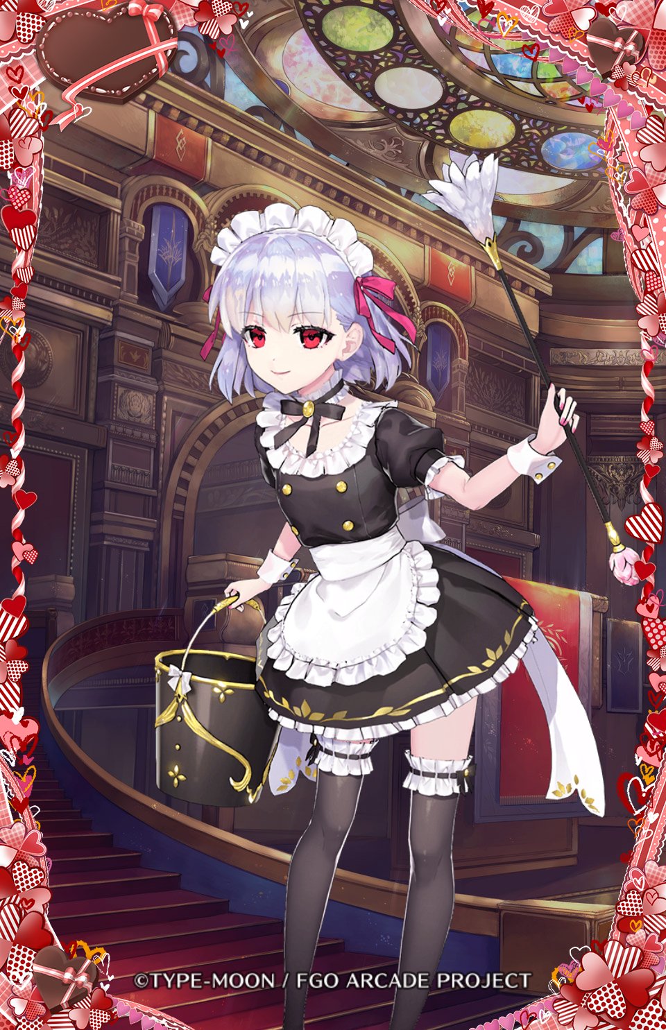 1girl 3d alternate_costume apron black_dress breasts buttons choker collar detached_collar double-breasted dress duster enmaided fate/grand_order fate/grand_order_arcade fate_(series) feather_duster frilled_choker frilled_collar frills hair_ribbon highres holding holding_duster kama_(fate) kama_(mistake)_(fate) looking_at_viewer maid maid_headdress puffy_short_sleeves puffy_sleeves red_eyes redrop ribbon short_hair short_sleeves small_breasts solo waist_apron white_apron white_hair