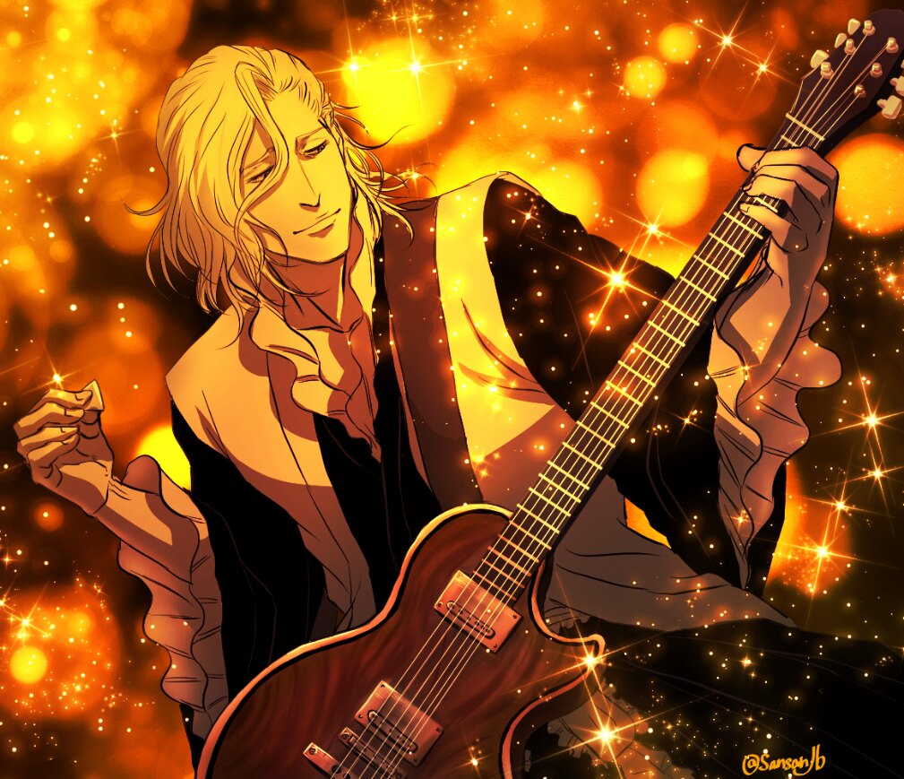 1boy bad_id bad_pixiv_id bleach closed_mouth guitar hair_between_eyes haori holding holding_instrument instrument japanese_clothes male_focus medium_hair music ootoribashi_roujuurou playing_instrument plectrum san-san_(pixiv16523866) signature sparkle taichou_haori upper_body yellow_theme