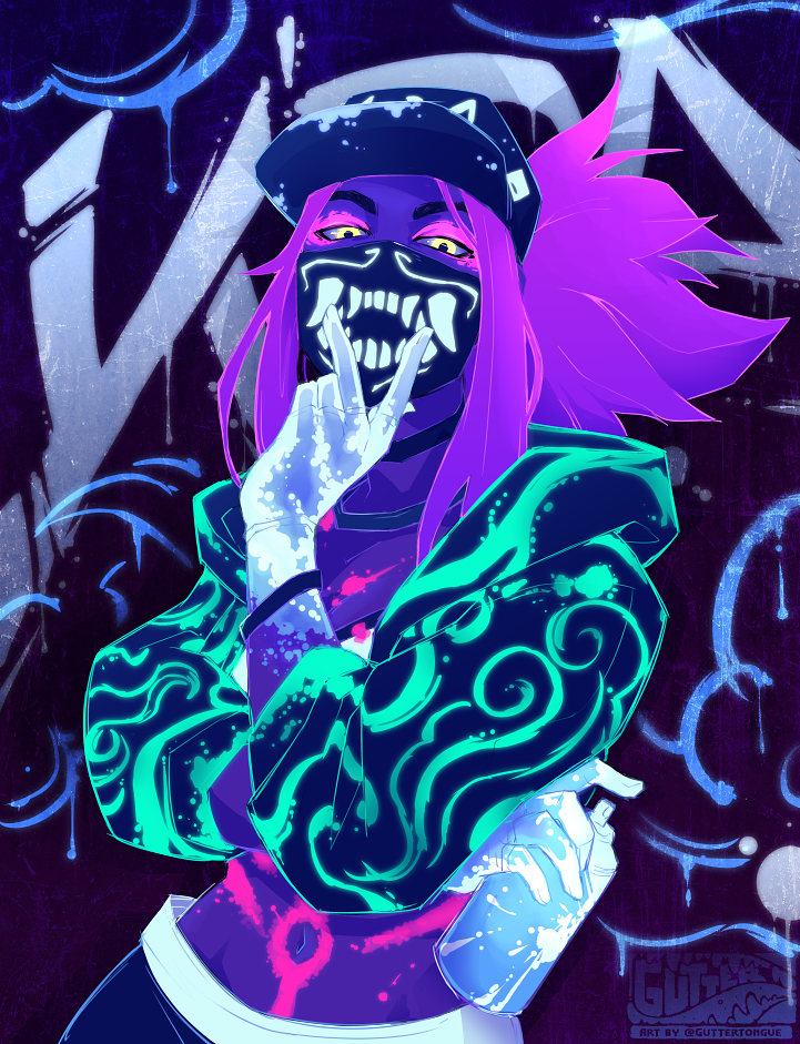 1girl akali baseball_cap bodypaint bracelet commentary covered_mouth cropped_jacket crossed_arms cunnilingus_gesture english_commentary female_focus graffiti guttertongue hat hood hooded_jacket idol inverted_colors jacket jewelry k/da_(league_of_legends) k/da_akali league_of_legends looking_at_viewer mask medium_hair midriff mouth_mask navel neon purple_hair solo spray_can toned ultraviolet_light yellow_eyes