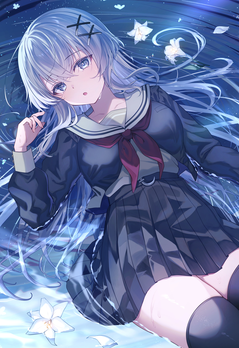 1girl :o black_serafuku black_shirt black_skirt black_thighhighs commentary_request flower grey_eyes grey_hair grey_sailor_collar grey_shirt gyozanuko hair_between_eyes hair_ornament hairclip hand_up highres long_hair long_sleeves looking_at_viewer lying neckerchief on_back original parted_lips petals pleated_skirt puffy_long_sleeves puffy_sleeves red_neckerchief sailor_collar school_uniform serafuku shallow_water shirt skirt solo thighhighs very_long_hair water wet white_flower x_hair_ornament