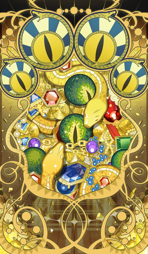 animal blue_gemstone circle commentary eyeball fate/grand_order fate_(series) flat_color gem green_gemstone no_humans official_art ouroboros outline purple_gemstone red_gemstone slit_pupils snake third-party_source treasure yamaneko_(lasengle) yellow_theme