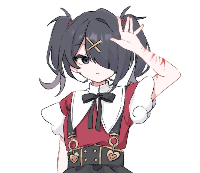 1girl ame-chan_(needy_girl_overdose) black_eyes black_hair black_ribbon black_skirt censored closed_mouth collared_shirt commentary_request cuts hair_ornament hair_over_one_eye hairclip hand_up injury kabe_(zp66104) long_hair looking_at_viewer mosaic_censoring neck_ribbon needy_girl_overdose red_shirt ribbon scar scar_on_arm self-harm self-harm_scar shirt simple_background skirt solo suspender_skirt suspenders twintails upper_body white_background wrist_cutting x_hair_ornament