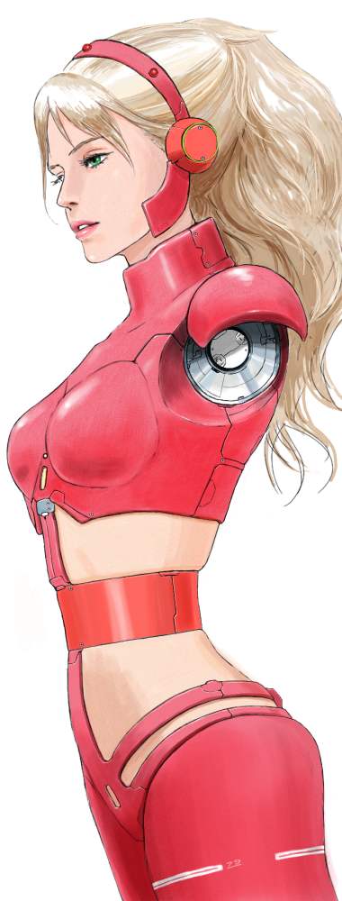 1girl amputee android armless_amputee blonde_hair breasts concept_art green_eyes headgear hi_no_tori hi_no_tori_2772 izo_(bjc000510) lips machinery medium_breasts olga_(phoenix_2772) original ponytail realistic redesign science_fiction sketch solo white_background