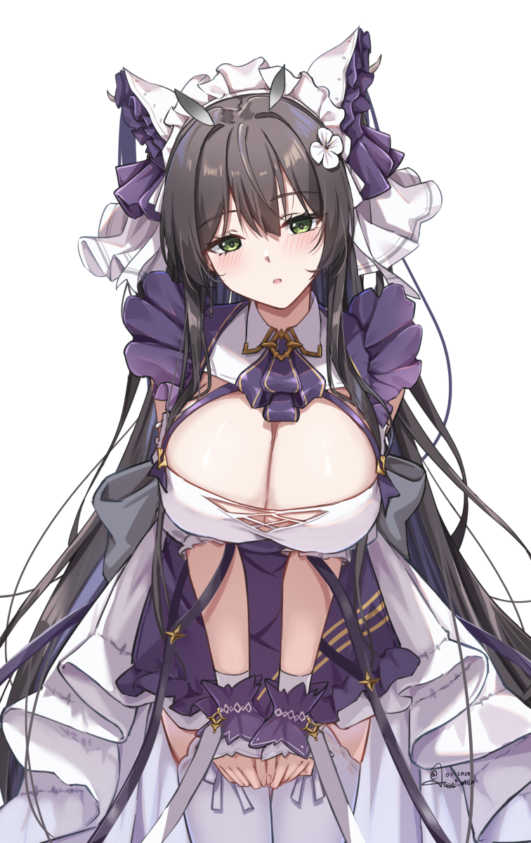 alternate_costume animal_ears apron azur_lane black_hair breasts cheshire_(azur_lane) cheshire_(azur_lane)_(cosplay) cleavage commission cosplay fake_animal_ears flower frilled_hairband frills green_eyes hair_flower hair_ornament hairband highres indomitable_(azur_lane) lace lace-trimmed_thighhighs lace_trim large_breasts leaning_forward long_hair long_ribbon looking_at_viewer maid_headdress pixiv_commission purple_apron simple_background solo sundajin_asagi thighhighs v_arms very_long_hair white_background white_flower white_thighhighs