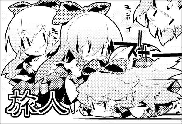 4girls blush female_focus greyscale monochrome multiple_girls nyuusankin open_mouth ribbon shanghai_doll touhou translation_request |_|