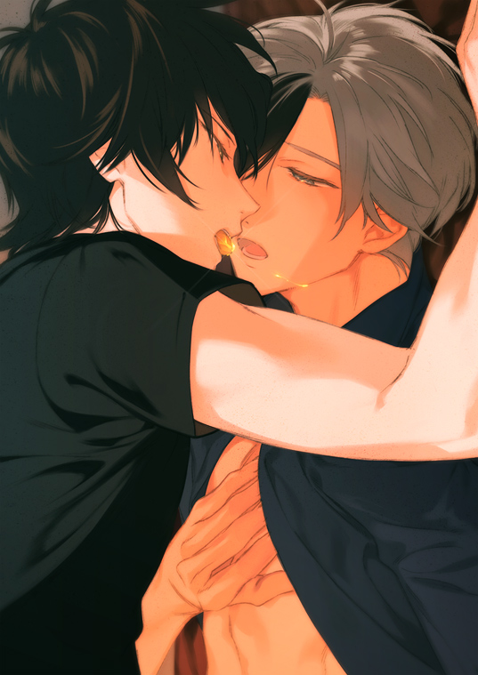 2boys akiyoshi_haru black_hair black_shirt blue_shirt close-up commentary_request food_in_mouth forehead-to-forehead from_side grey_eyes grey_hair heads_together jude_mathis looking_at_another ludger_will_kresnik lying male_focus multicolored_hair multiple_boys narrowed_eyes on_back open_clothes open_mouth open_shirt profile shirt short_hair sidelighting t-shirt tales_of_(series) tales_of_xillia tales_of_xillia_2 two-tone_hair upper_body yaoi