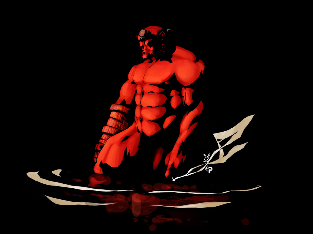 1boy bald bara beard_stubble broad_shoulders completely_nude dark_background demon demon_boy demon_horns facial_hair hellboy hellboy_(comic) horns kneeling non-web_source nude reflective_floor ripples stubble