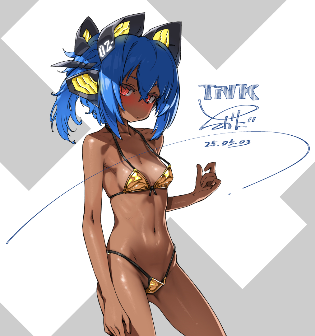 1girl bikini blue_hair breasts dark-skinned_female dark_skin dated gold_bikini golden_week hair_between_eyes headgear looking_at_viewer micro_bikini navel one_side_up original oversized_clothes red_eyes short_hair signature small_breasts solo swimsuit takada_kazuhiro two-tone_background