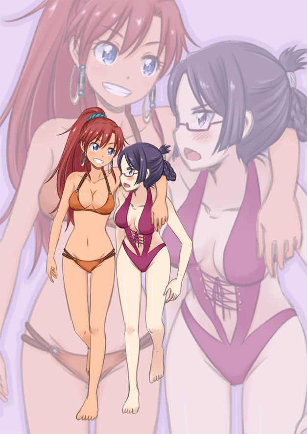 1girl bellows_(suisei_no_gargantia) bikini blush braid breasts casual_one-piece_swimsuit cleavage dark_skin folded_ponytail glasses long_hair medium_breasts mizunashi_sora multiple_girls navel one-piece_swimsuit open_mouth purple_eyes purple_hair ridget_(suisei_no_gargantia) semi-rimless_eyewear short_hair smile suisei_no_gargantia swimsuit under-rim_eyewear