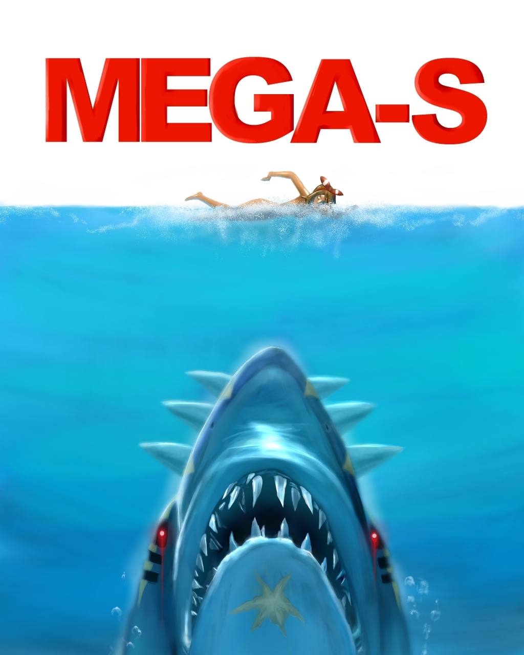 1girl air_bubble bandana brown_hair bubble character_name cosmo_(465lilia) gen_3_pokemon glowing glowing_eyes highres jaw jaws_(movie) may_(pokemon) may_(pokemon_oras) mega_pokemon mega_sharpedo nintendo parody pokemon pokemon_(creature) pokemon_oras pokemon_rse red_eyes scar shark sharp_teeth sharpedo spikes swimming teeth underwater water