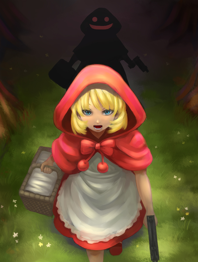 1girl b.b._hood basket blonde_hair blue_eyes capcom capelet chuppa_(katotsuba) darkstalkers dress fangs female_focus forest gun hood machine_pistol nature open_mouth shadow short_hair solo submachine_gun teeth uzi weapon