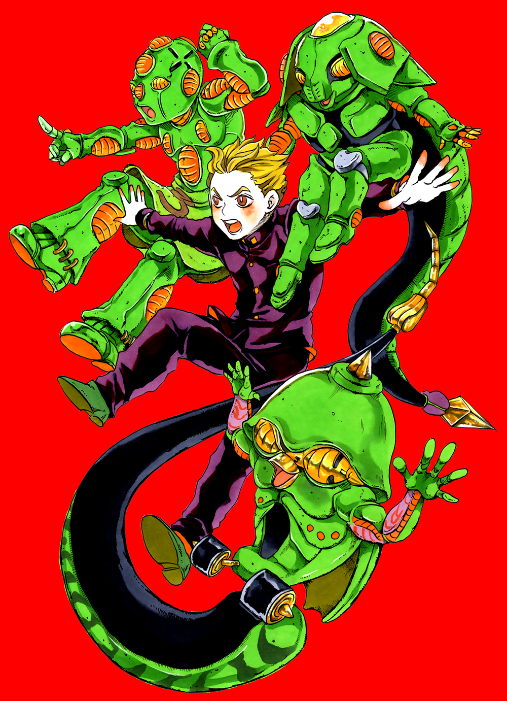 1boy blonde_hair eat666 echoes_(stand) echoes_act1 echoes_act2 echoes_act3 full_body gakuran highres hirose_koichi jojo_no_kimyou_na_bouken male_focus open_mouth pointing red_background red_eyes school_uniform stand_(jojo) tail